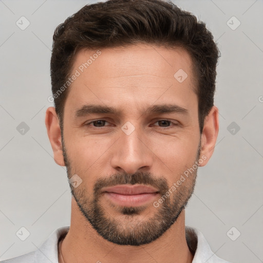 Joyful white young-adult male with short  brown hair and brown eyes