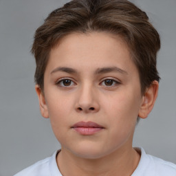 Neutral white young-adult female with short  brown hair and brown eyes