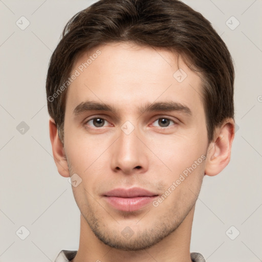 Neutral white young-adult male with short  brown hair and brown eyes