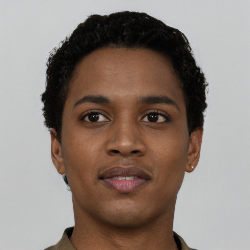 Neutral black young-adult female with short  black hair and brown eyes