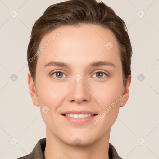 Joyful white young-adult female with short  brown hair and grey eyes