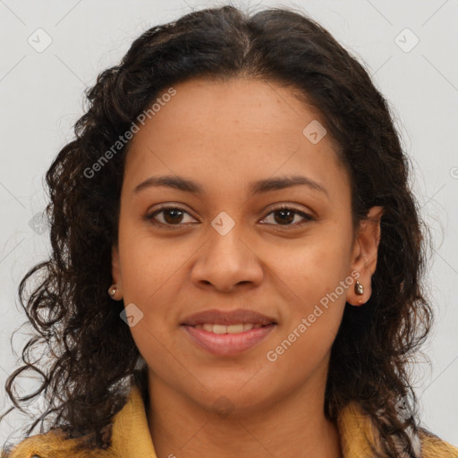 Joyful latino young-adult female with long  brown hair and brown eyes