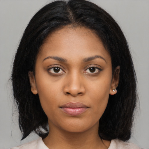 Neutral asian young-adult female with long  black hair and brown eyes