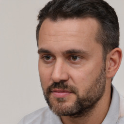 Joyful white adult male with short  brown hair and brown eyes