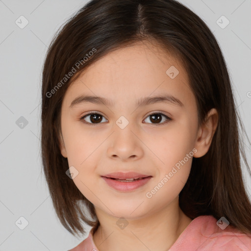 Joyful white child female with medium  brown hair and brown eyes