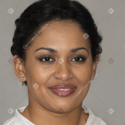 Joyful latino young-adult female with short  brown hair and brown eyes