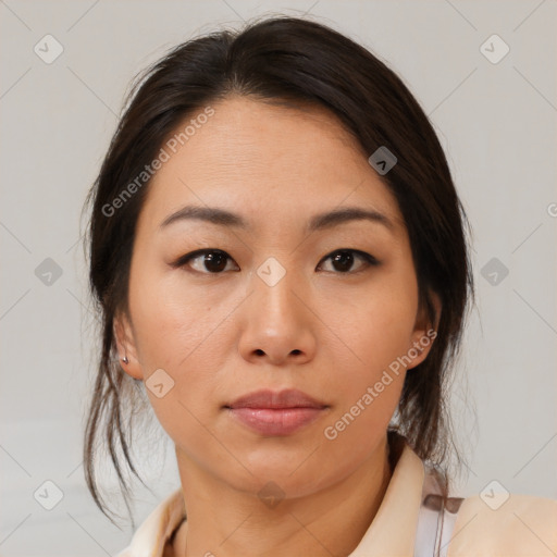 Neutral asian young-adult female with medium  brown hair and brown eyes