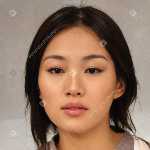 Neutral asian young-adult female with medium  brown hair and brown eyes