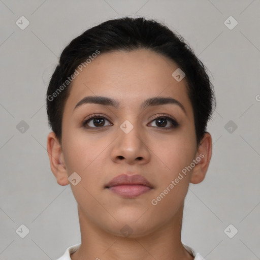 Neutral latino young-adult female with short  brown hair and brown eyes