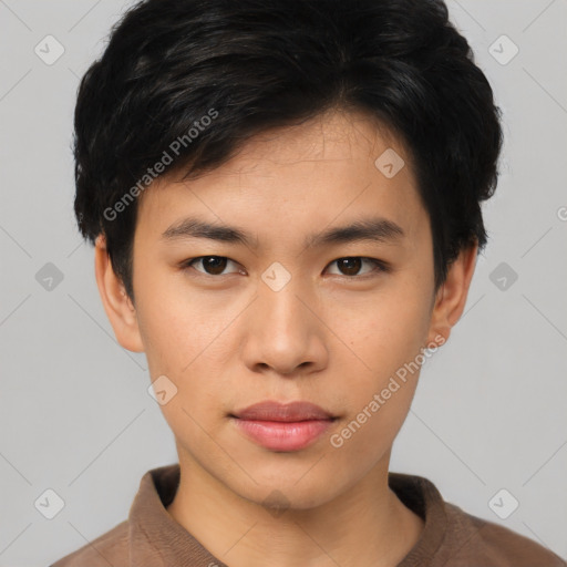 Neutral asian young-adult male with short  black hair and brown eyes