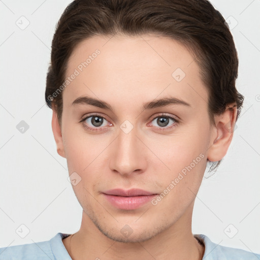 Neutral white young-adult female with short  brown hair and brown eyes