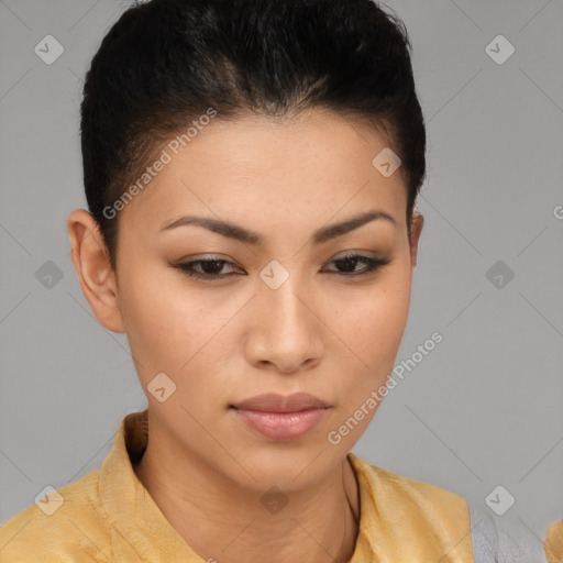 Neutral asian young-adult female with short  brown hair and brown eyes