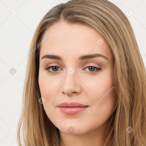 Neutral white young-adult female with long  brown hair and brown eyes