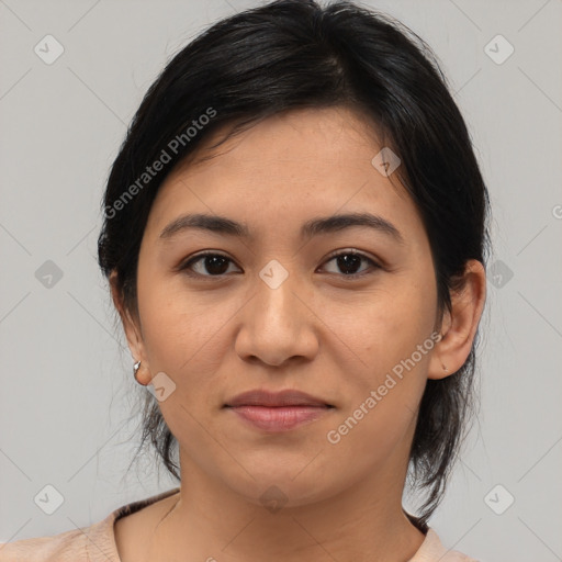 Joyful asian young-adult female with medium  brown hair and brown eyes