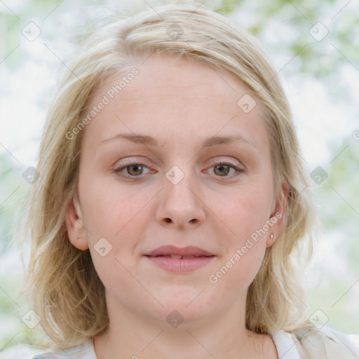 Joyful white young-adult female with medium  brown hair and blue eyes