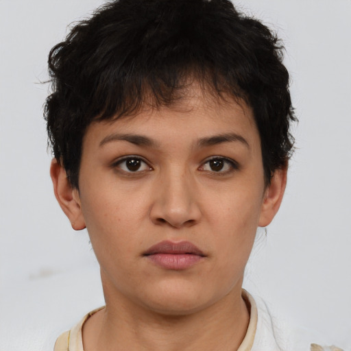 Neutral asian young-adult female with short  brown hair and brown eyes