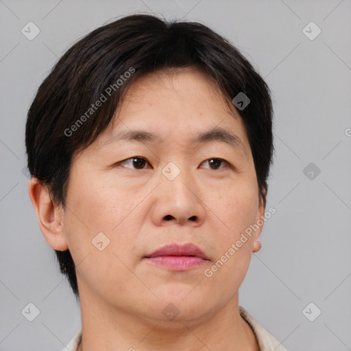 Neutral asian adult male with short  brown hair and brown eyes