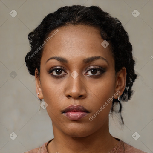 Neutral black young-adult female with short  black hair and brown eyes