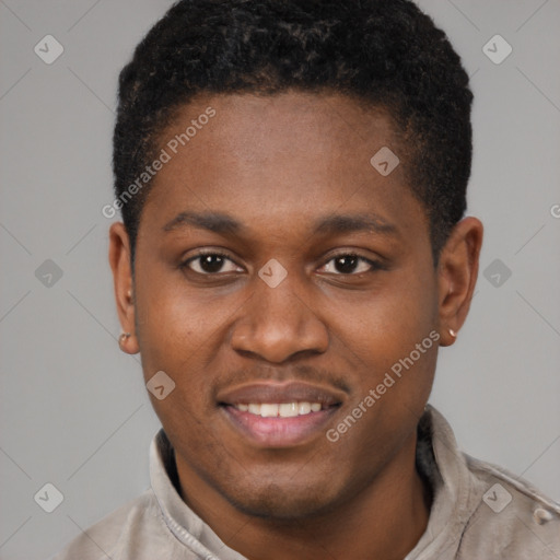 Joyful latino young-adult male with short  brown hair and brown eyes