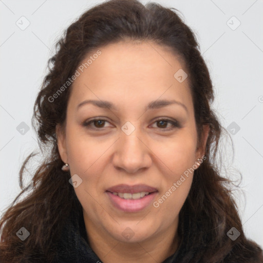 Joyful white adult female with long  brown hair and brown eyes