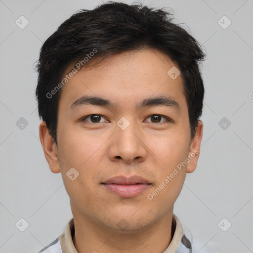 Neutral asian young-adult male with short  brown hair and brown eyes