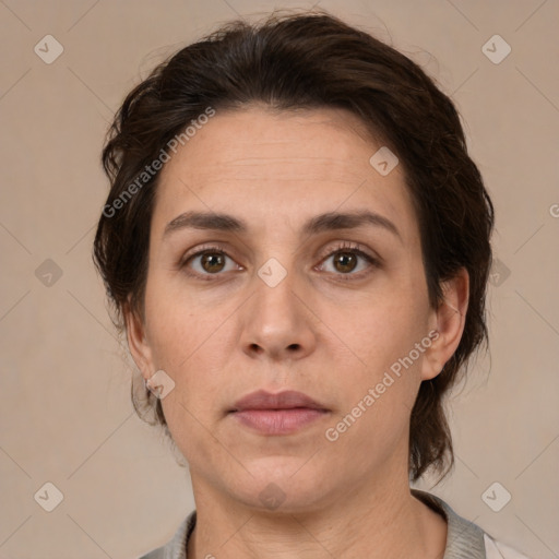 Neutral white adult female with medium  brown hair and brown eyes