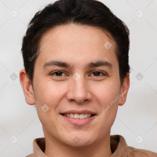 Joyful white young-adult male with short  brown hair and brown eyes