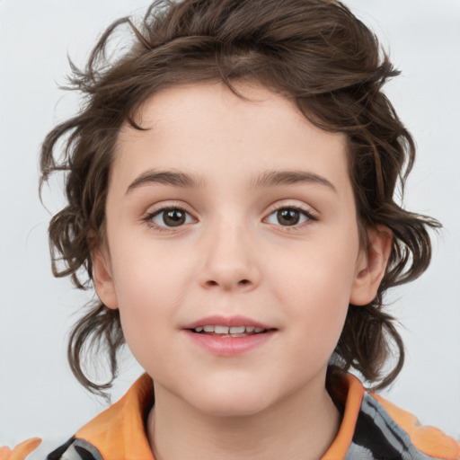 Joyful white child female with medium  brown hair and brown eyes