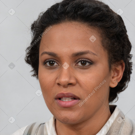 Joyful latino young-adult female with short  brown hair and brown eyes