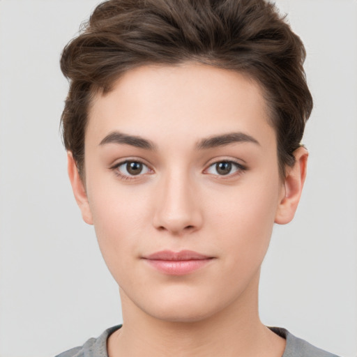 Neutral white young-adult female with short  brown hair and brown eyes