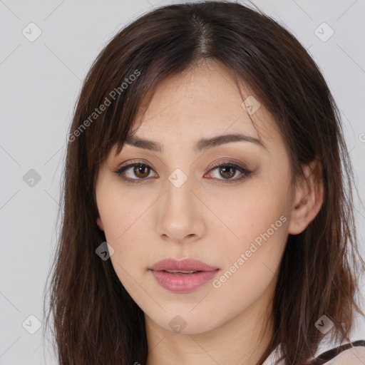 Neutral white young-adult female with long  brown hair and brown eyes