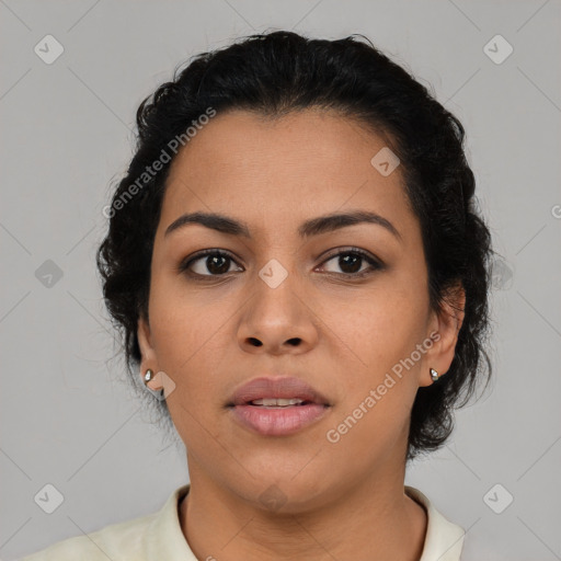 Neutral asian young-adult female with short  brown hair and brown eyes