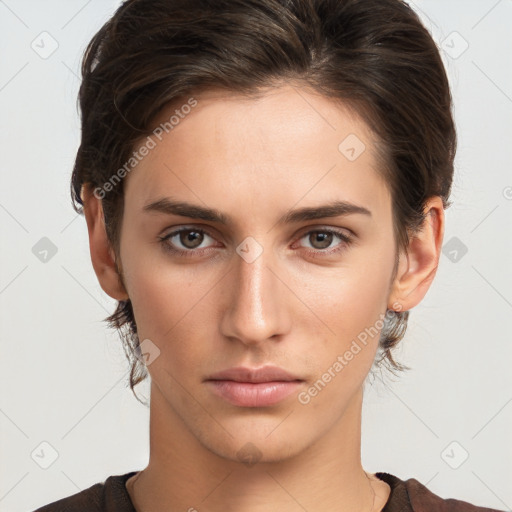 Neutral white young-adult female with short  brown hair and brown eyes