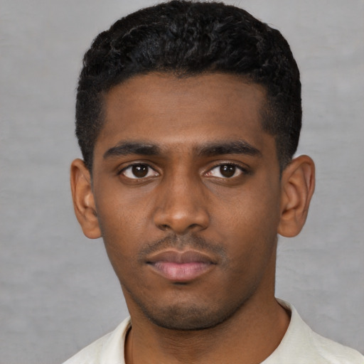 Neutral black young-adult male with short  black hair and brown eyes