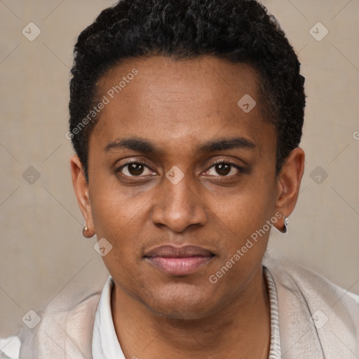 Joyful black young-adult male with short  black hair and brown eyes