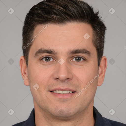 Joyful white young-adult male with short  brown hair and brown eyes