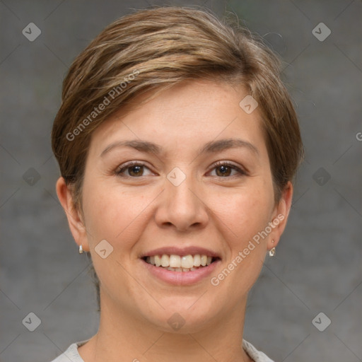 Joyful white young-adult female with short  brown hair and brown eyes