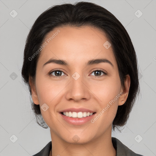 Joyful white young-adult female with medium  brown hair and brown eyes