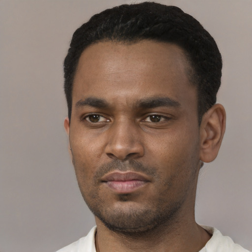 Neutral black young-adult male with short  black hair and brown eyes