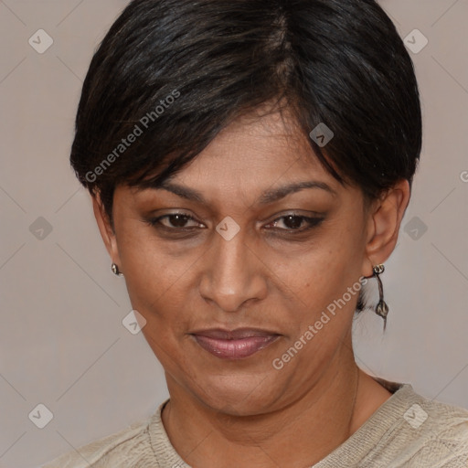 Joyful black adult female with short  brown hair and brown eyes