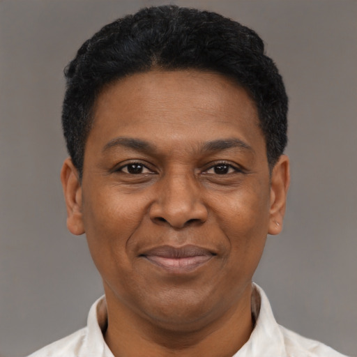 Joyful latino adult male with short  black hair and brown eyes