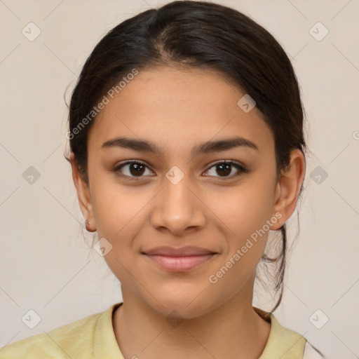 Joyful latino young-adult female with medium  brown hair and brown eyes