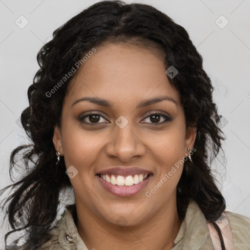 Joyful black young-adult female with long  brown hair and brown eyes