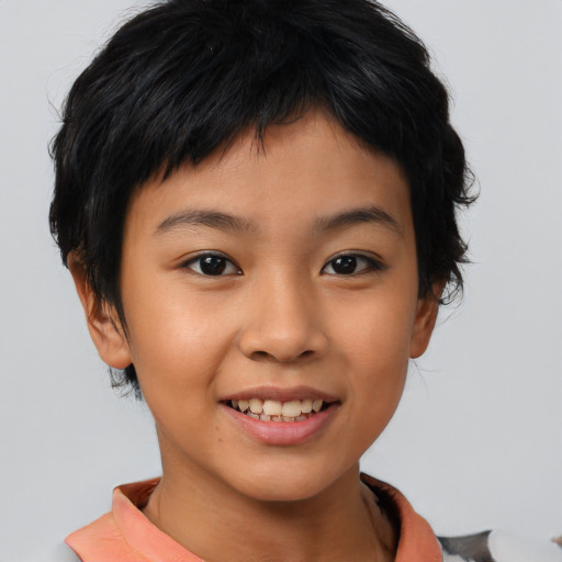 Joyful asian child female with short  black hair and brown eyes