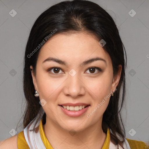 Joyful white young-adult female with medium  brown hair and brown eyes