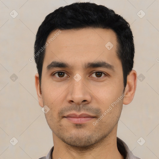 Neutral asian young-adult male with short  black hair and brown eyes