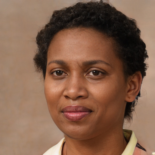 Joyful black adult female with short  brown hair and brown eyes