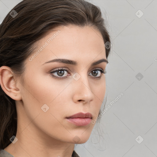 Neutral white young-adult female with medium  brown hair and brown eyes