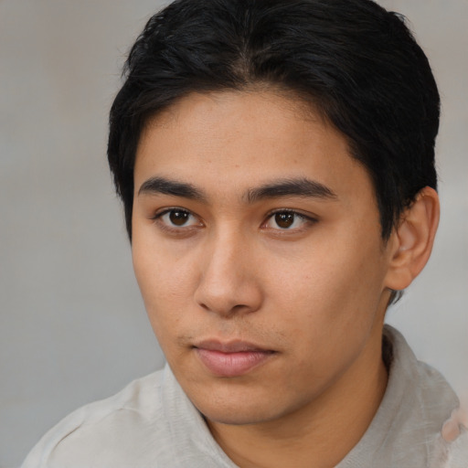 Neutral asian young-adult male with short  brown hair and brown eyes