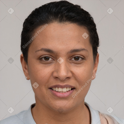 Joyful white young-adult female with short  brown hair and brown eyes